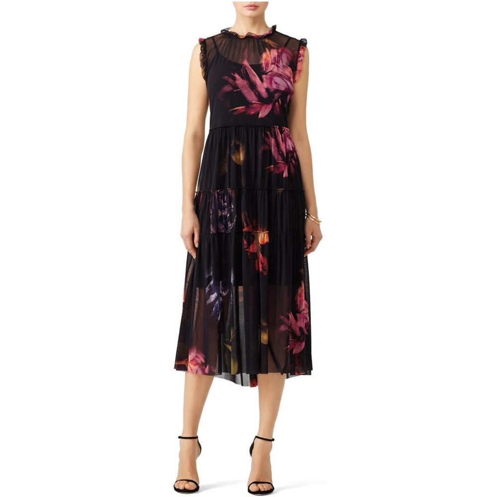 Fuzzi Bloom Midi Dress- Black Watercolor Flowers Sheer Sleeveless Tiered XL READ
